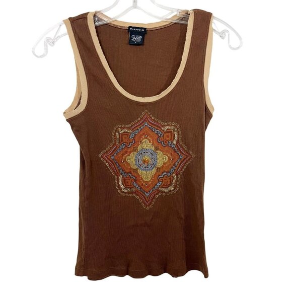Vintage Fang Y2K Brown Ribbed Mandala Print Tank Top Boho Indie Size Large - Picture 1 of 5